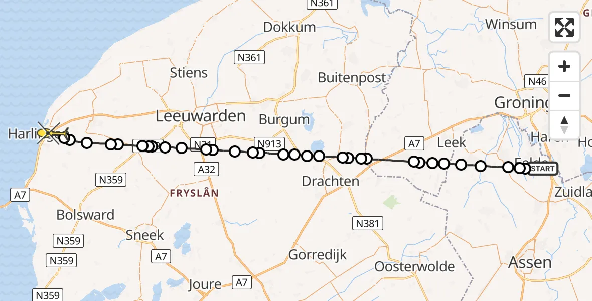 Routekaart van de vlucht: Lifeliner 4 naar Harlingen