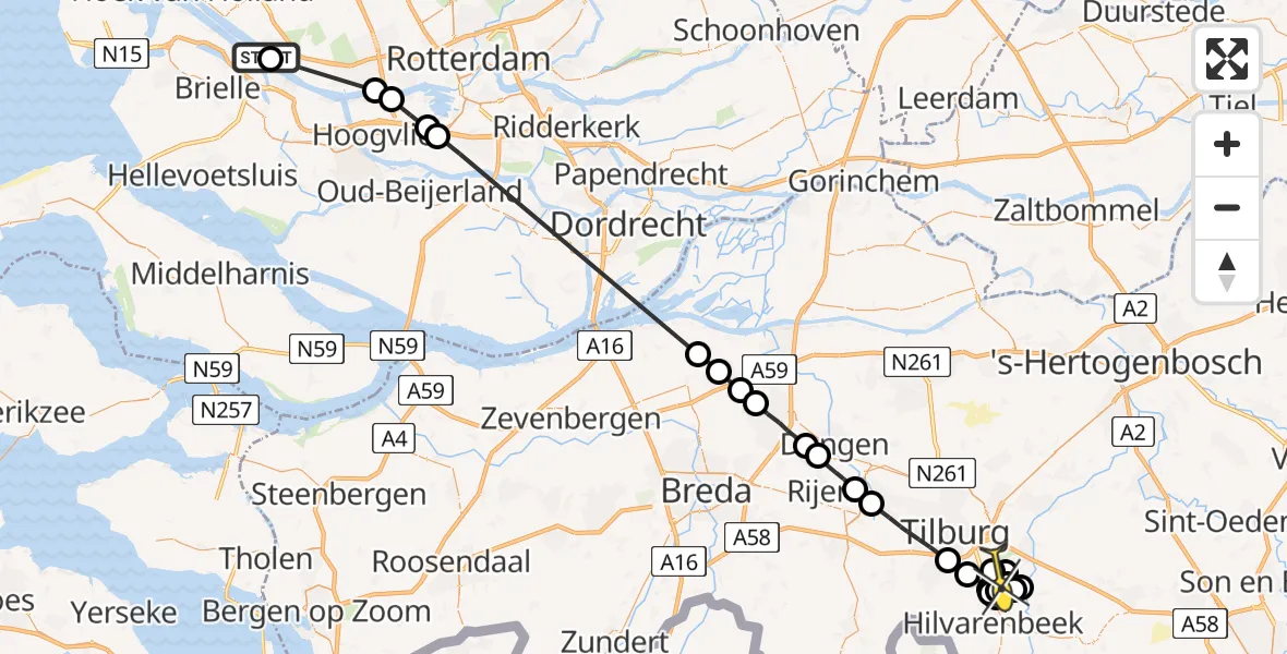 Routekaart van de vlucht: Politieheli naar Hilvarenbeek