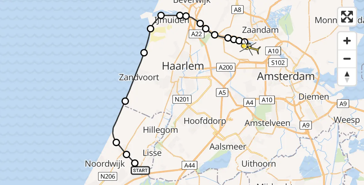 Routekaart van de vlucht: Lifeliner 1 naar Amsterdam Heliport