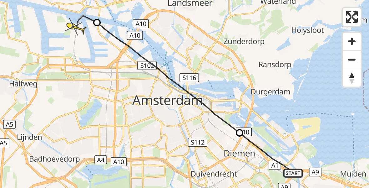 Routekaart van de vlucht: Lifeliner 1 naar Amsterdam Heliport