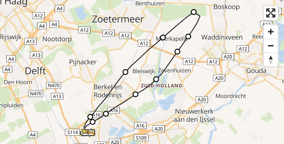 Vluchtroute Traumahelikopter Rotterdam The Hague Airport - Rotterdam The Hague Airport, 21 augustus 2023, 19:49