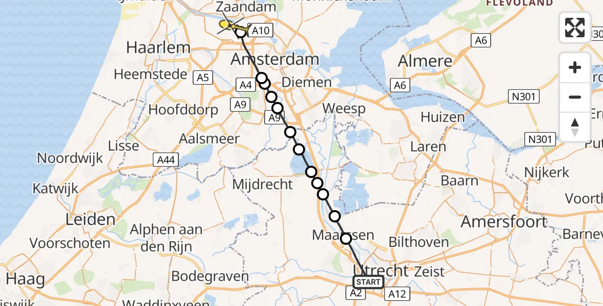 Routekaart van de vlucht: Lifeliner 1 naar Amsterdam Heliport