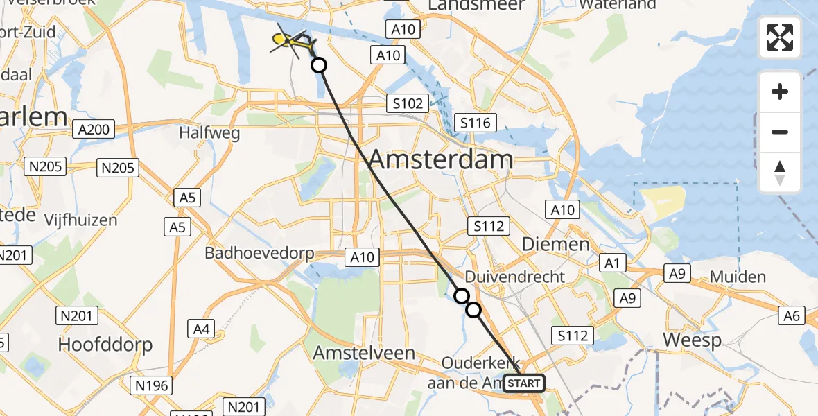 Routekaart van de vlucht: Lifeliner 1 naar Amsterdam Heliport