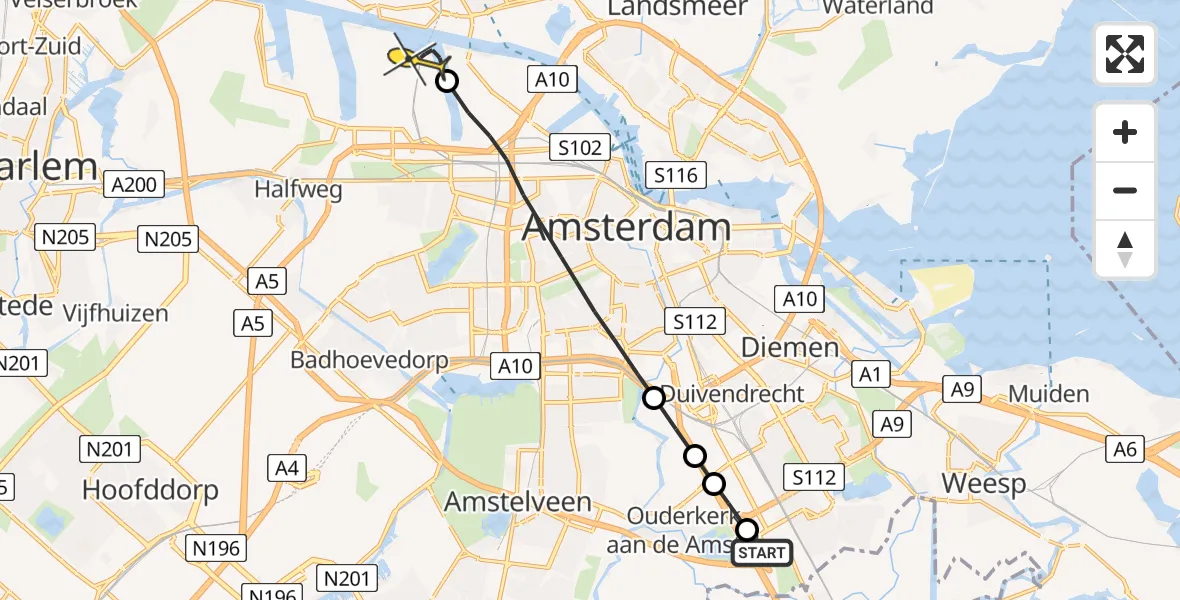 Routekaart van de vlucht: Lifeliner 1 naar Amsterdam Heliport