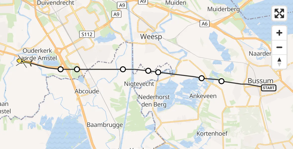 Routekaart van de vlucht: Politieheli naar Ouderkerk aan de Amstel