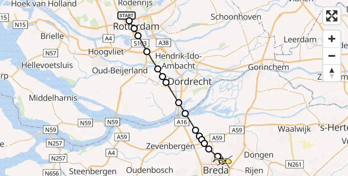 Routekaart van de vlucht: Lifeliner 2 naar Breda