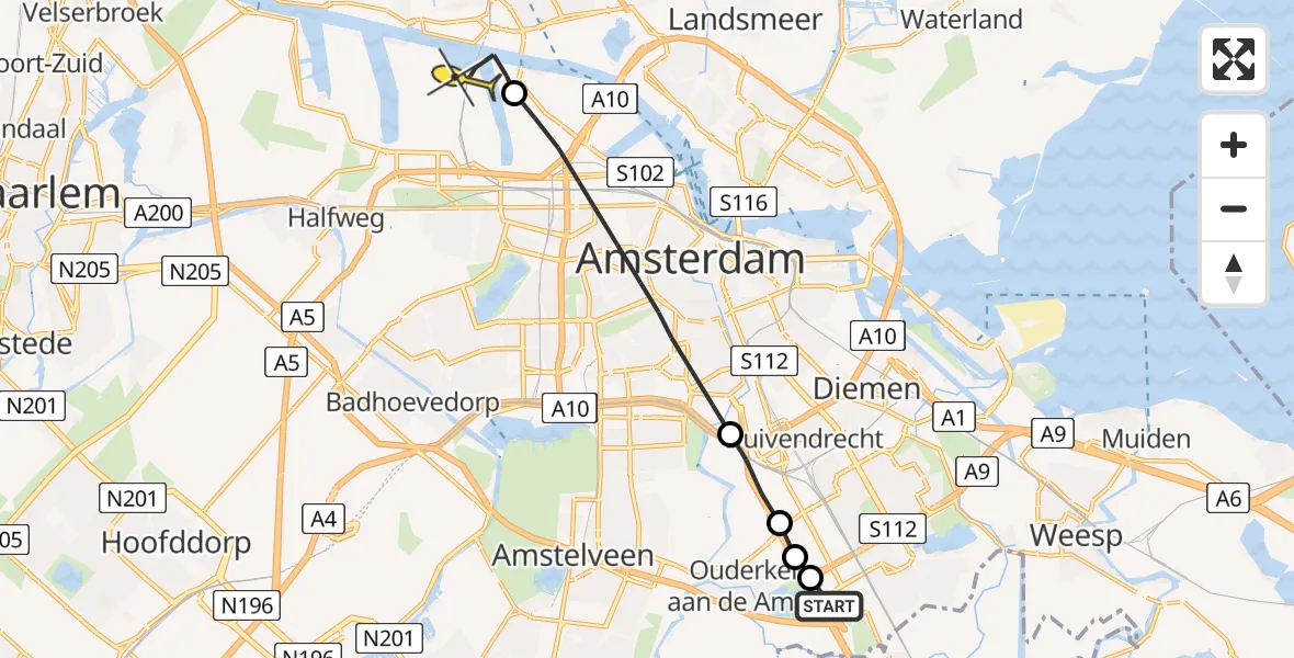 Routekaart van de vlucht: Lifeliner 1 naar Amsterdam Heliport