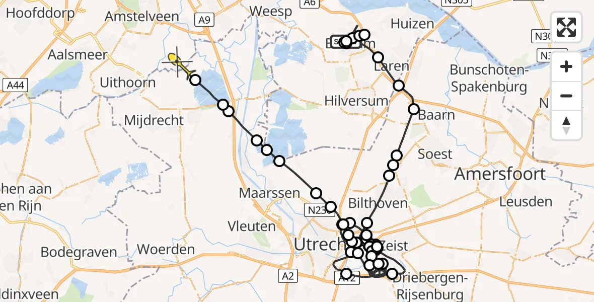 Routekaart van de vlucht: Politieheli naar Ouderkerk aan de Amstel