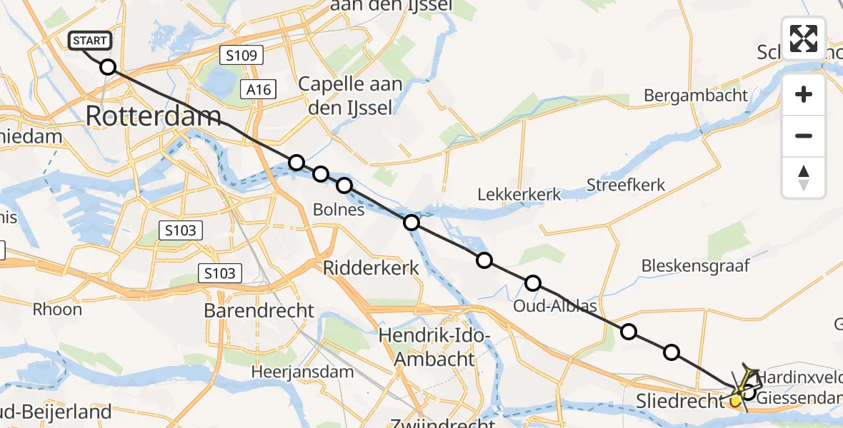 Routekaart van de vlucht: Lifeliner 2 naar Hardinxveld-Giessendam