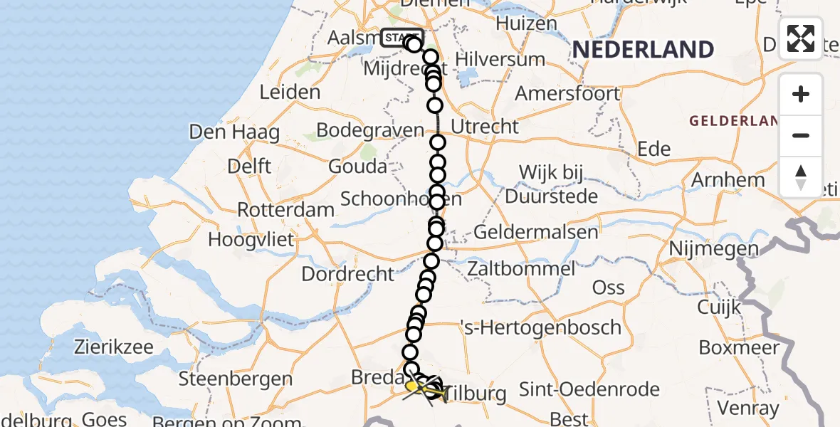 Vluchtroute Politiehelikopter van Amstelveen naar Vliegbasis Gilze-Rijen