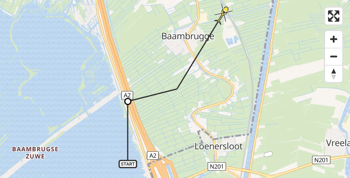 Routekaart van de vlucht: Politieheli naar Baambrugge