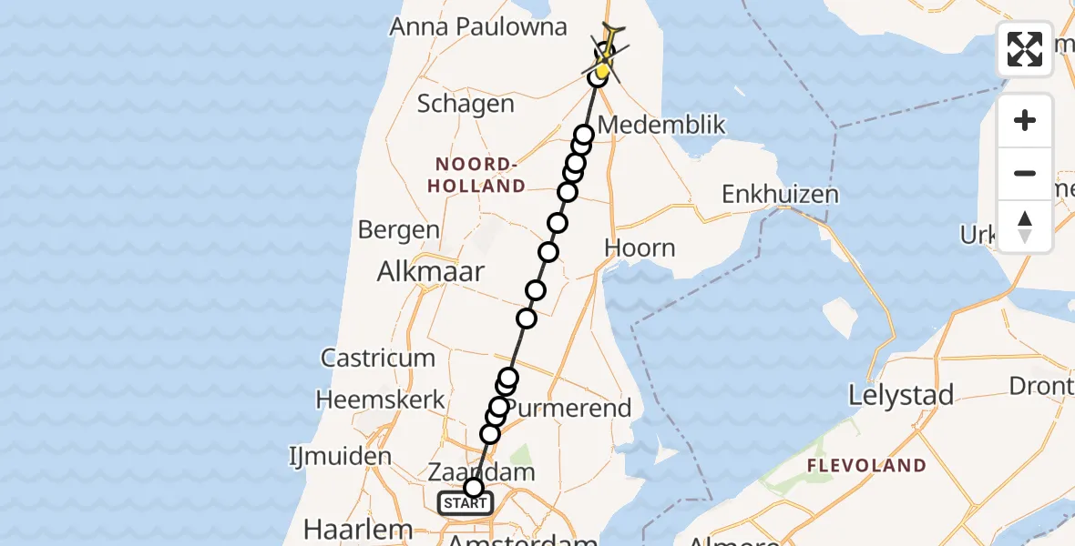 Routekaart van de vlucht: Lifeliner 1 naar Wieringerwerf