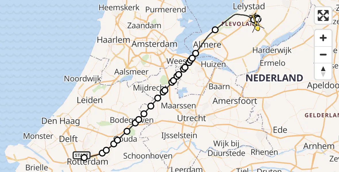 Routekaart van de vlucht: Traumaheli naar Lelystad Airport