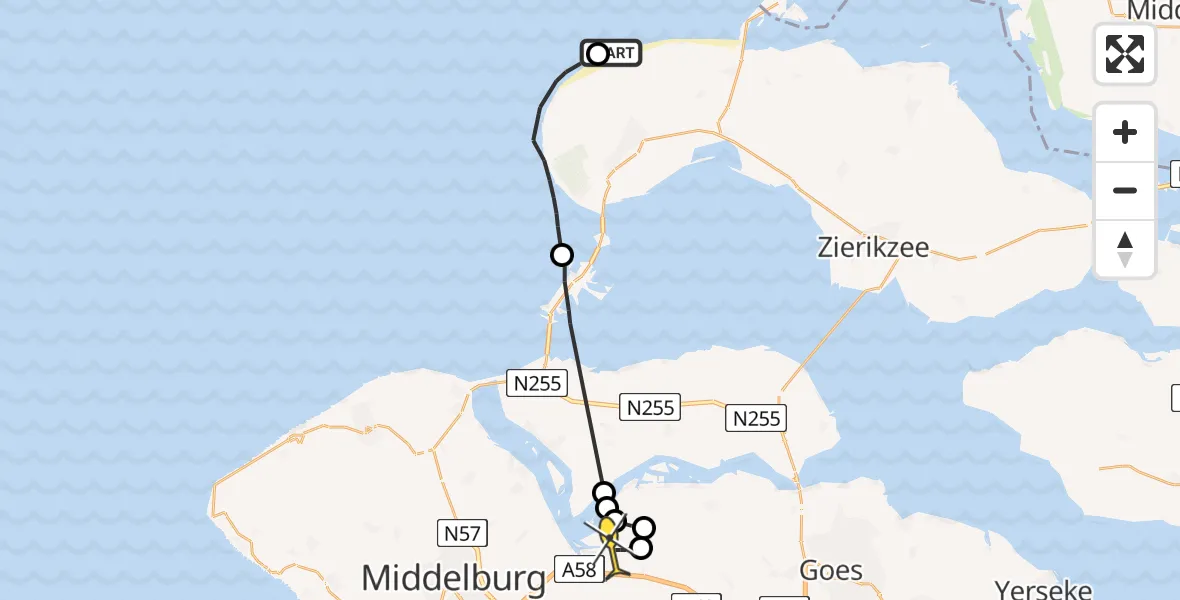 Routekaart van de vlucht: Politiehelikopter naar Vliegveld Midden-Zeeland