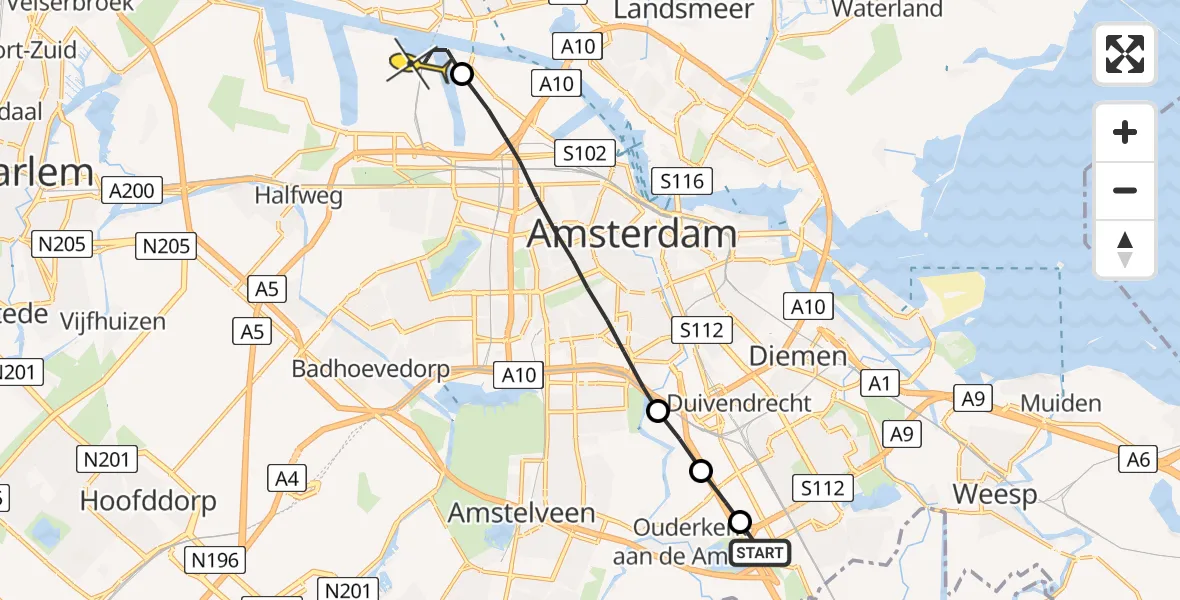 Routekaart van de vlucht: Lifeliner 1 naar Amsterdam Heliport