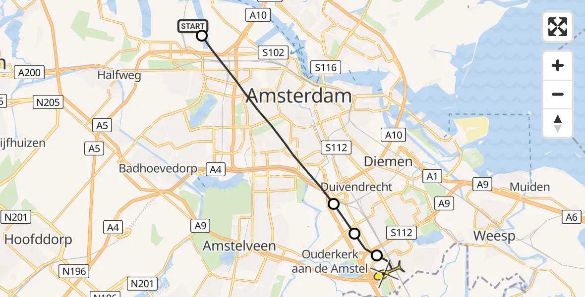 Routekaart van de vlucht: Lifeliner 1 naar Academisch Medisch Centrum (AMC)