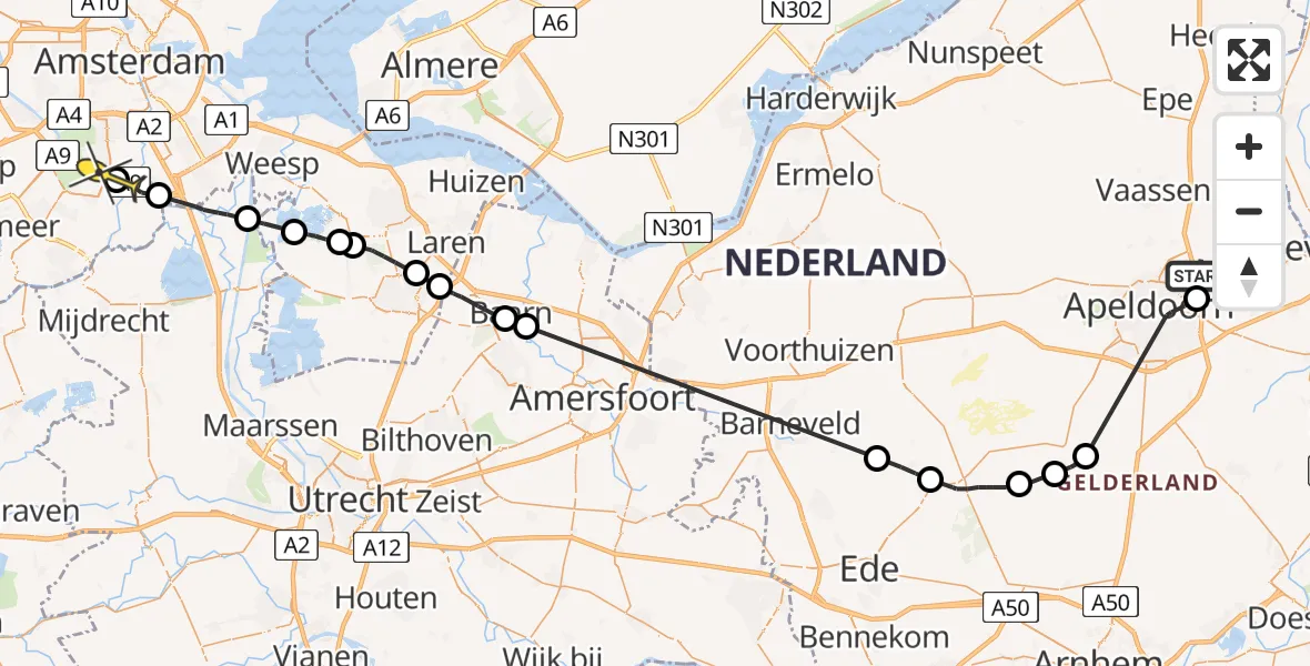Routekaart van de vlucht: Politiehelikopter naar Amstelveen