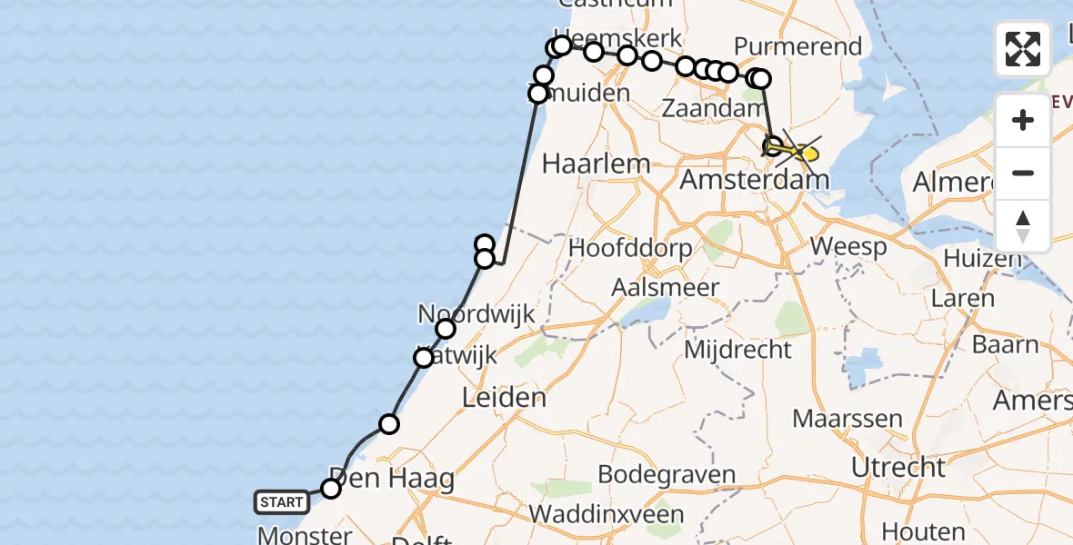 Routekaart van de vlucht: Politieheli naar Amsterdam