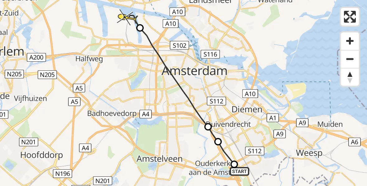 Routekaart van de vlucht: Lifeliner 1 naar Amsterdam Heliport