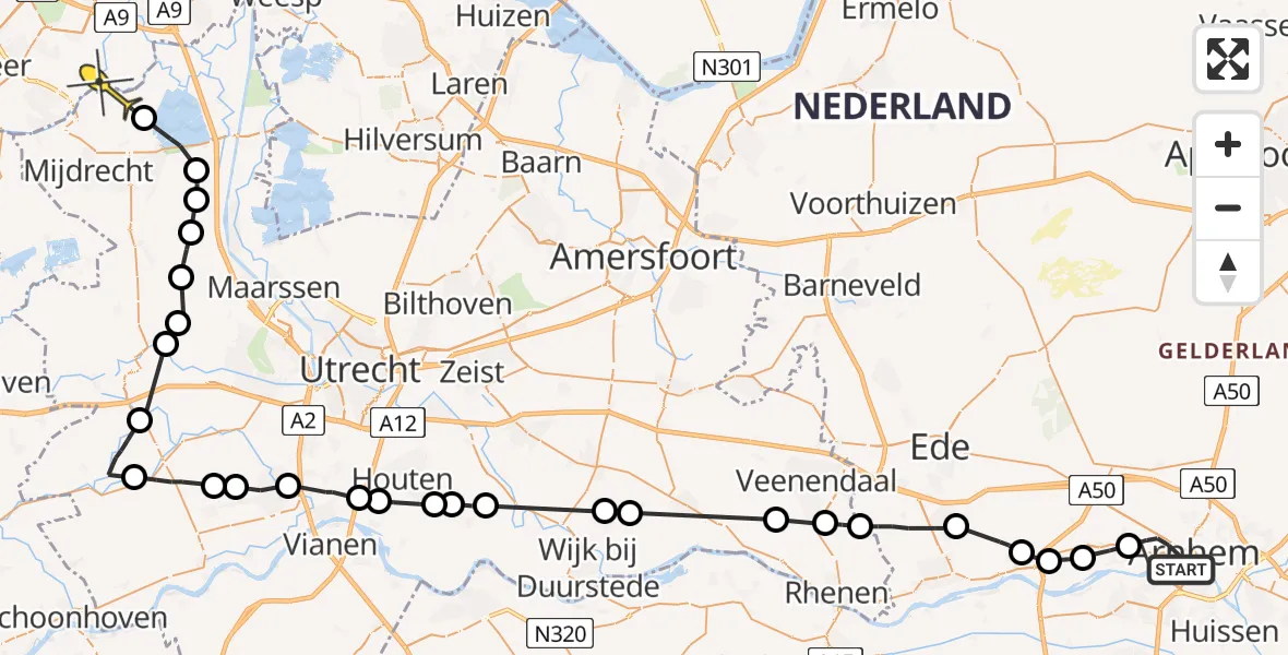 Routekaart van de vlucht: Politieheli naar Waverveen