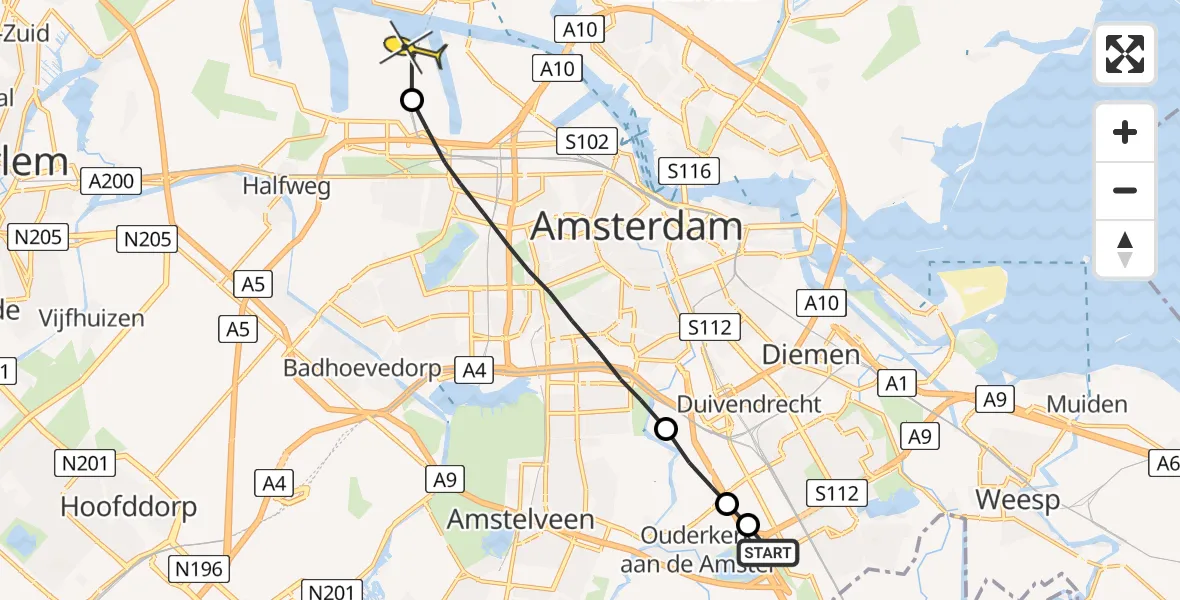 Routekaart van de vlucht: Lifeliner 1 naar Amsterdam Heliport