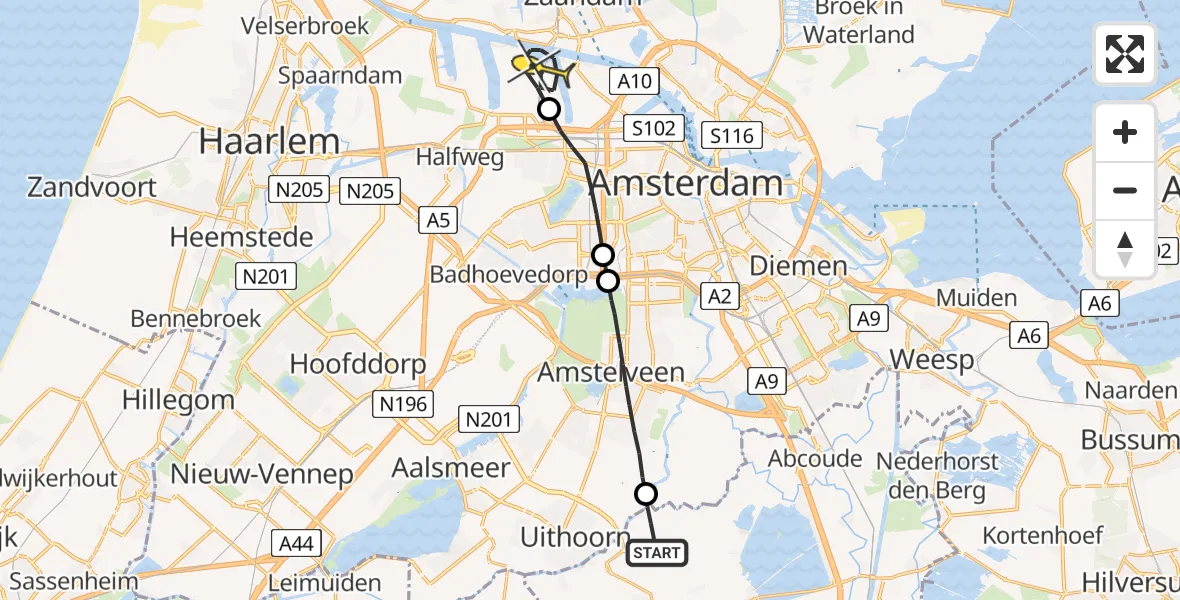 Routekaart van de vlucht: Lifeliner 1 naar Amsterdam Heliport