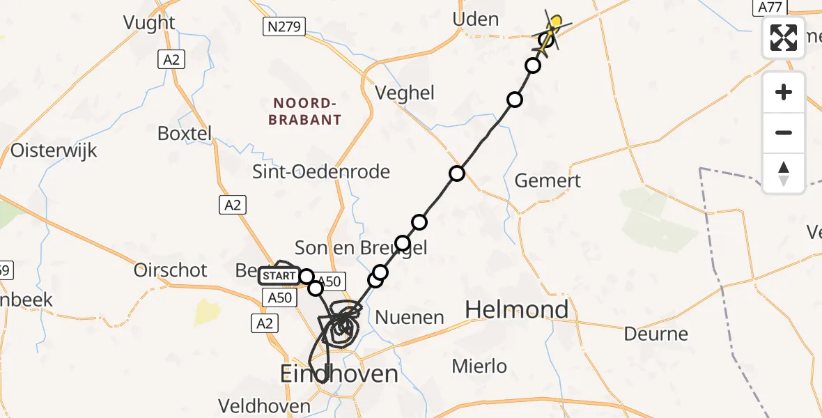 Routekaart van de vlucht: Politiehelikopter naar Vliegbasis Volkel