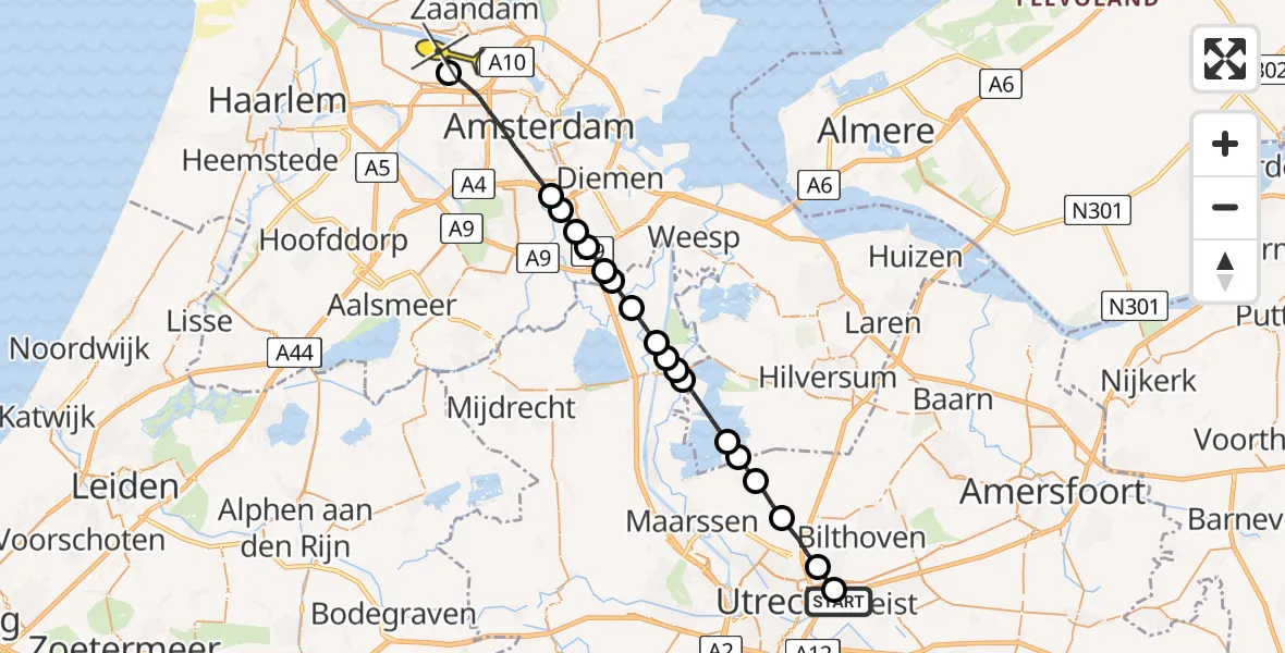 Routekaart van de vlucht: Lifeliner 1 naar Amsterdam Heliport