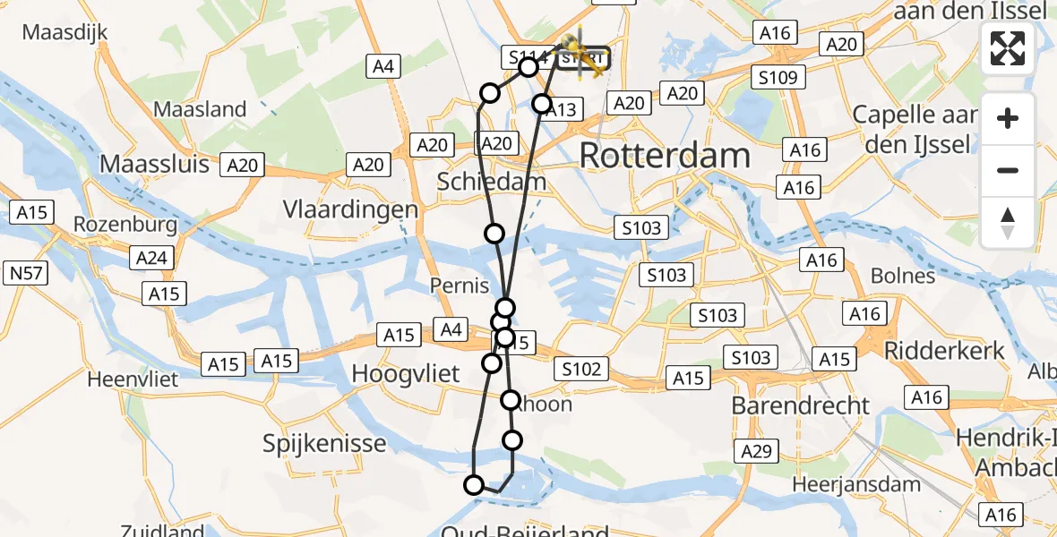 Vluchtroute Traumahelikopter Rotterdam The Hague Airport - Rotterdam The Hague Airport, 24 augustus 2023, 00:38