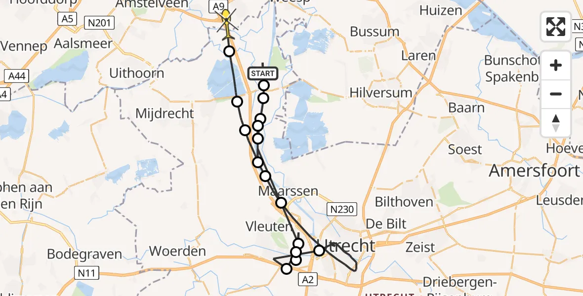 Routekaart van de vlucht: Politieheli naar Amsterdam