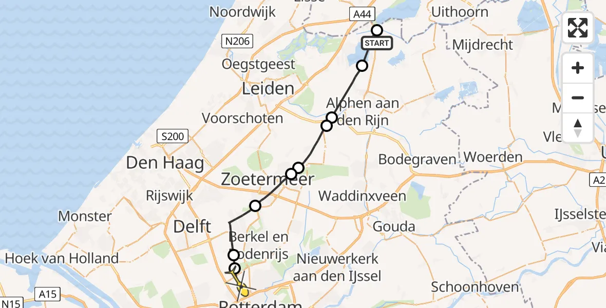 Routekaart van de vlucht: Politieheli naar Rotterdam The Hague Airport