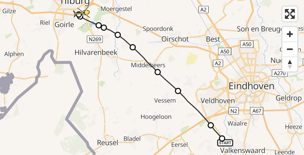 Routekaart van de vlucht: Lifeliner 3 naar Tilburg