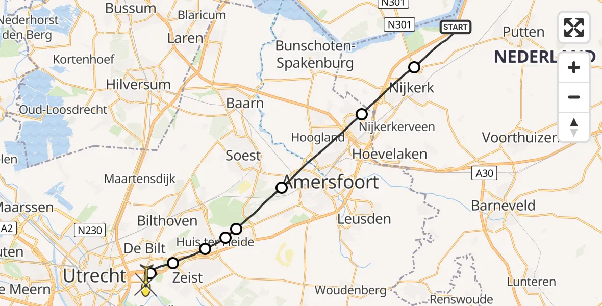 Routekaart van de vlucht: Lifeliner 1 naar Universitair Medisch Centrum Utrecht