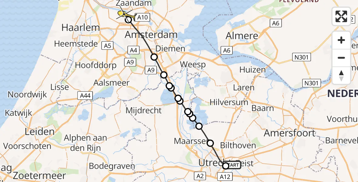 Routekaart van de vlucht: Lifeliner 1 naar Amsterdam Heliport