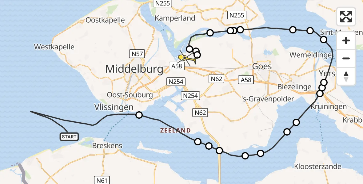 Routekaart van de vlucht: Politiehelikopter naar Vliegveld Midden-Zeeland