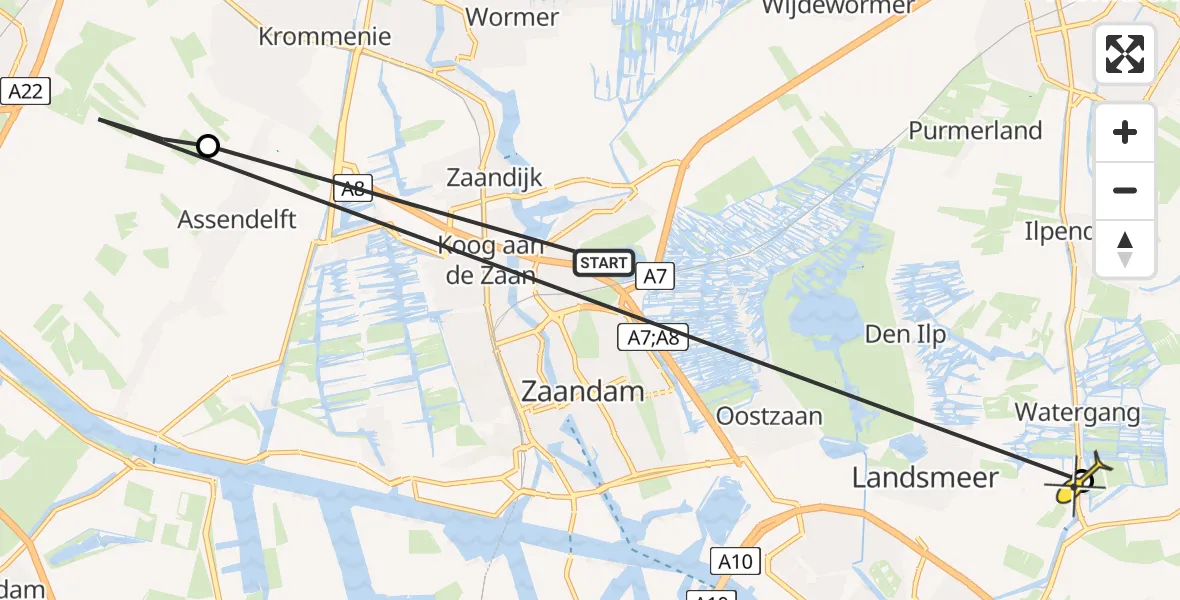 Routekaart van de vlucht: Ambulancehelikopter naar Watergang