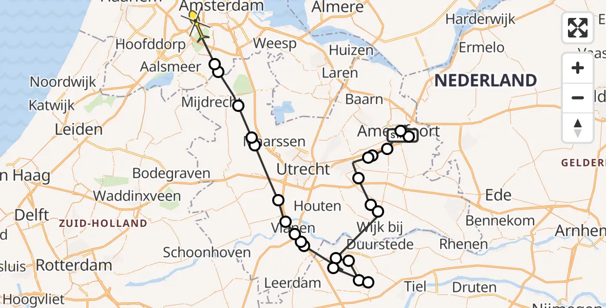 Routekaart van de vlucht: Politieheli naar Amsterdam