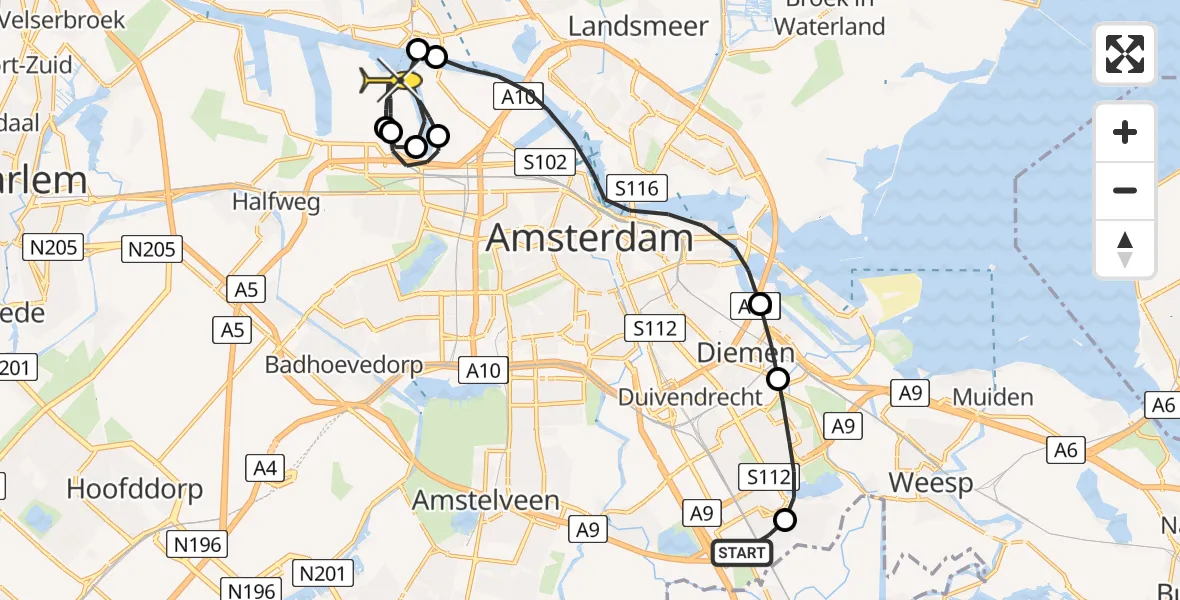 Routekaart van de vlucht: Lifeliner 1 naar Amsterdam Heliport