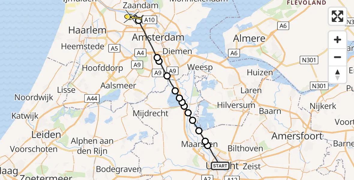 Routekaart van de vlucht: Lifeliner 1 naar Amsterdam Heliport