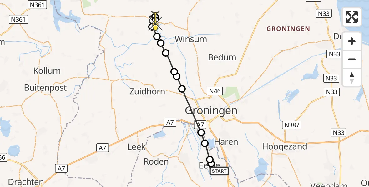 Routekaart van de vlucht: Lifeliner 4 naar Wehe-den Hoorn