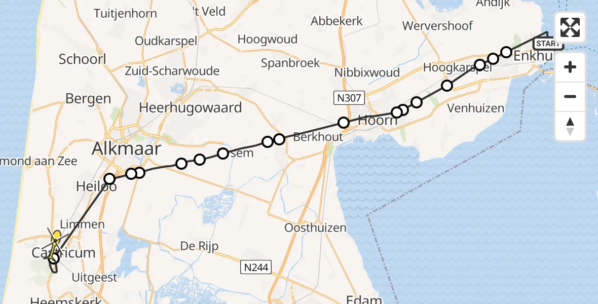 Routekaart van de vlucht: Politiehelikopter naar Castricum