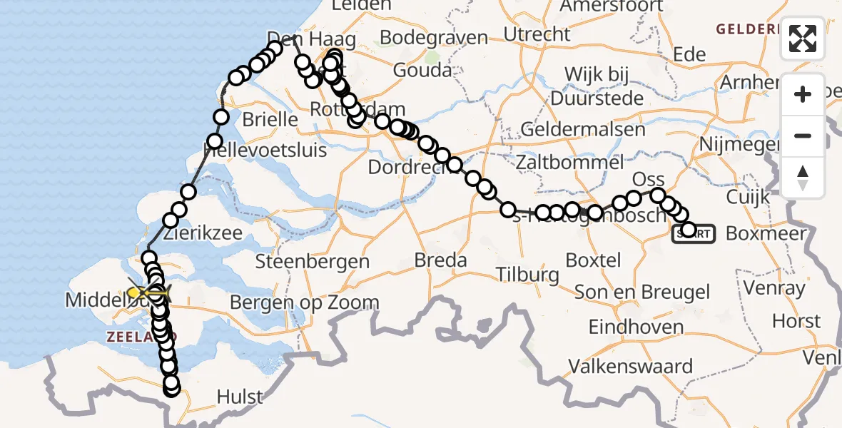 Routekaart van de vlucht: Politieheli naar Vliegveld Midden-Zeeland