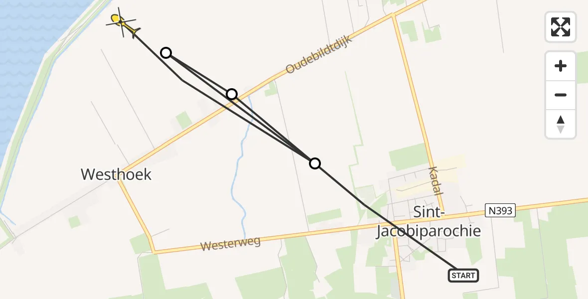 Routekaart van de vlucht: Ambulanceheli naar St.-Jacobiparochie