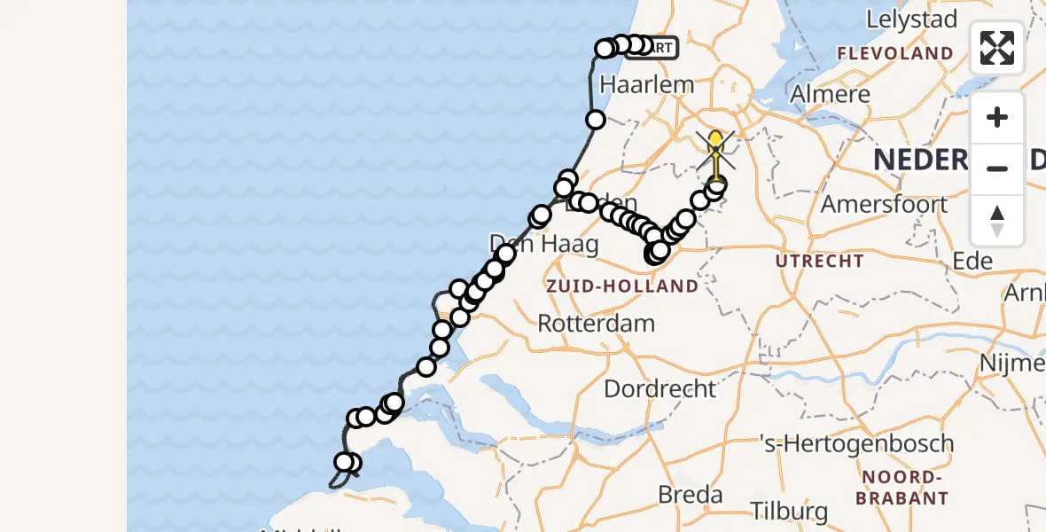 Routekaart van de vlucht: Politieheli naar Amstelhoek