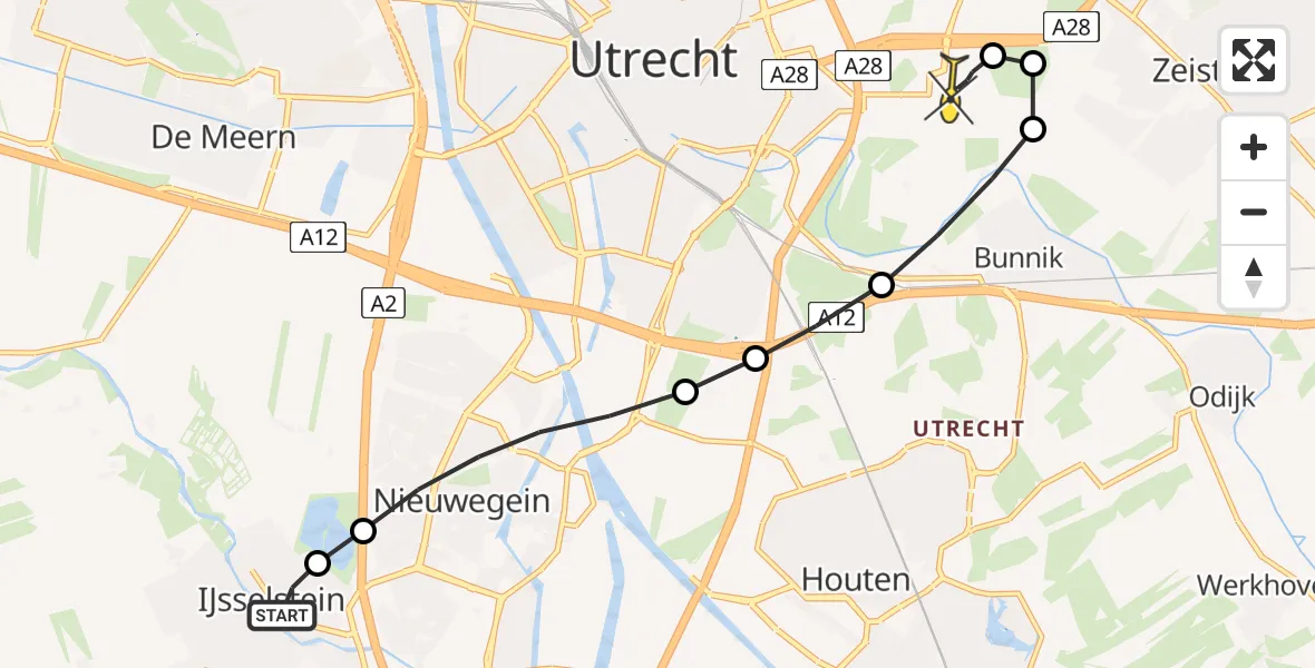 Routekaart van de vlucht: Lifeliner 1 naar Universitair Medisch Centrum Utrecht