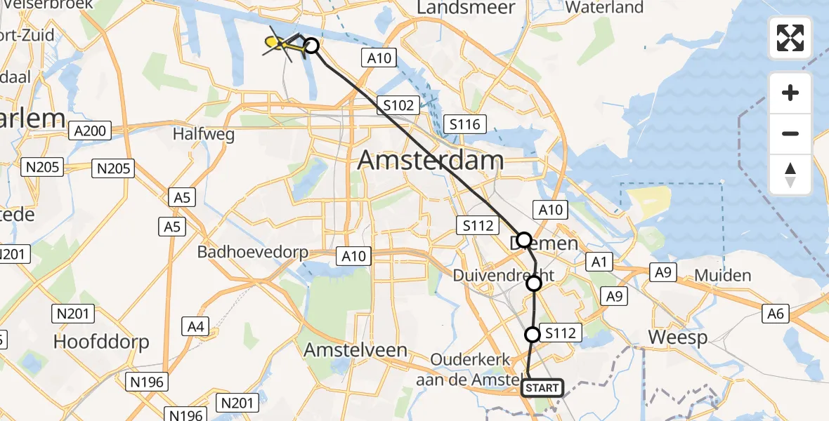 Routekaart van de vlucht: Lifeliner 1 naar Amsterdam Heliport