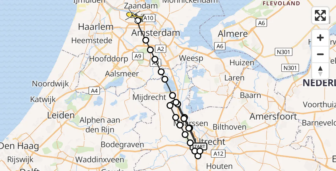 Routekaart van de vlucht: Lifeliner 1 naar Amsterdam Heliport