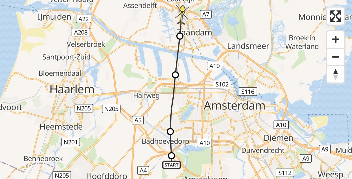 Routekaart van de vlucht: Politieheli naar Koog aan de Zaan