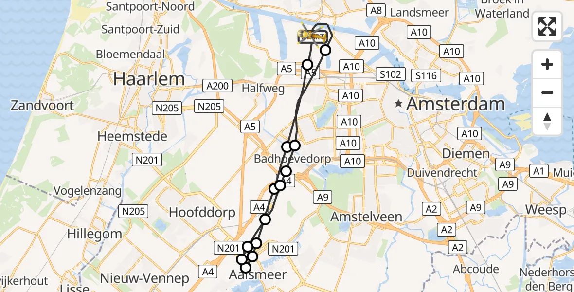 Vluchtroute Traumahelikopter Amsterdam Heliport - Amsterdam Heliport, 27 augustus 2023, 04:39