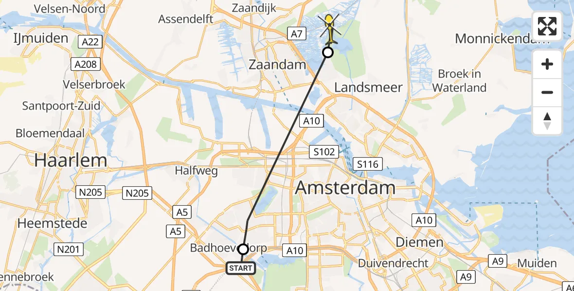 Routekaart van de vlucht: Politiehelikopter naar Oostzaan